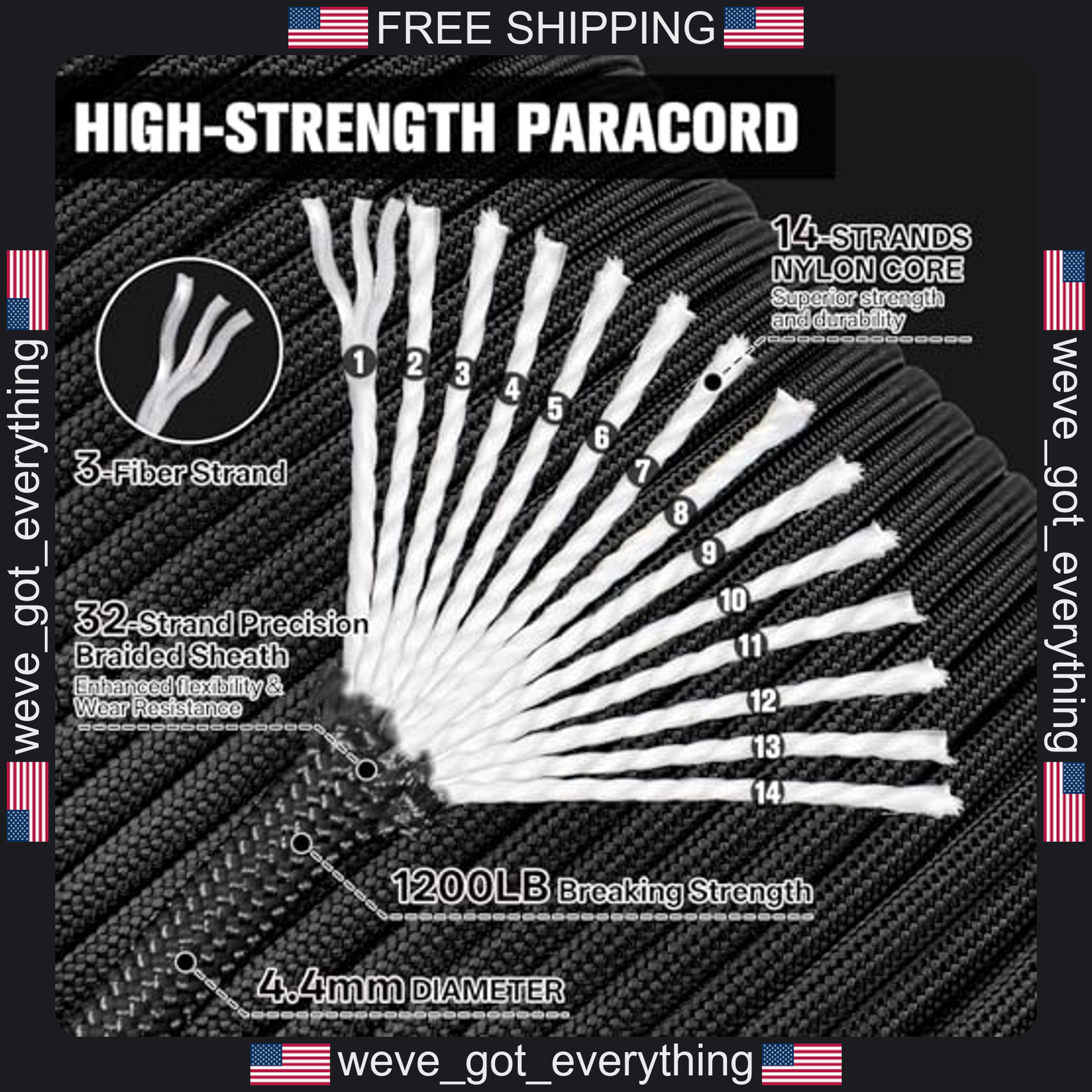 1 Pack Heavy-Duty Paracord Rope 1200lb Nylon Camping Utility Cord