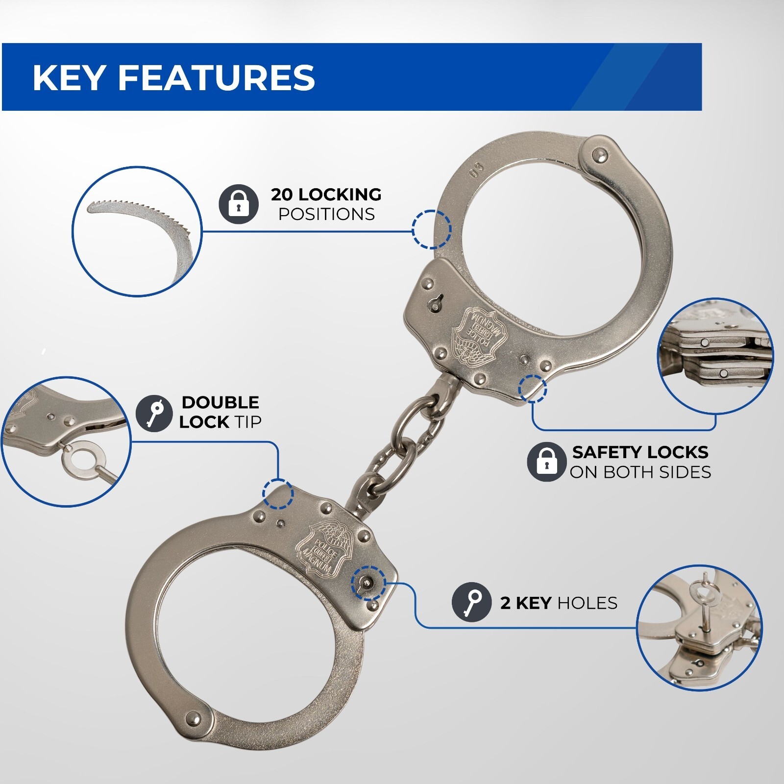Police Magnum Heavy Duty Nickel Plated Handcuffs- Security Guard Restraints