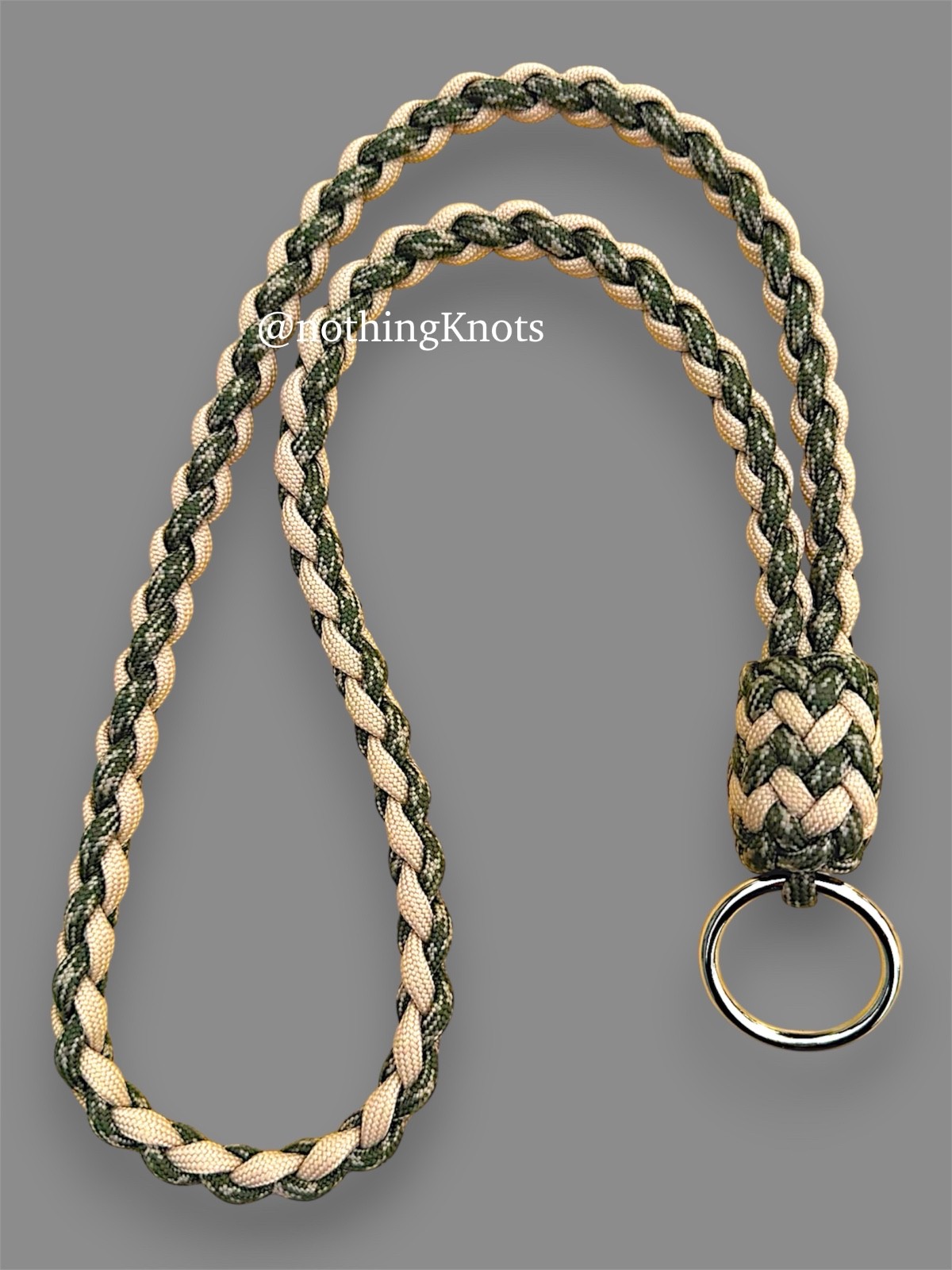 Heavy Duty Paracord Neck Lanyard in Tan and Camo on a welded o ring