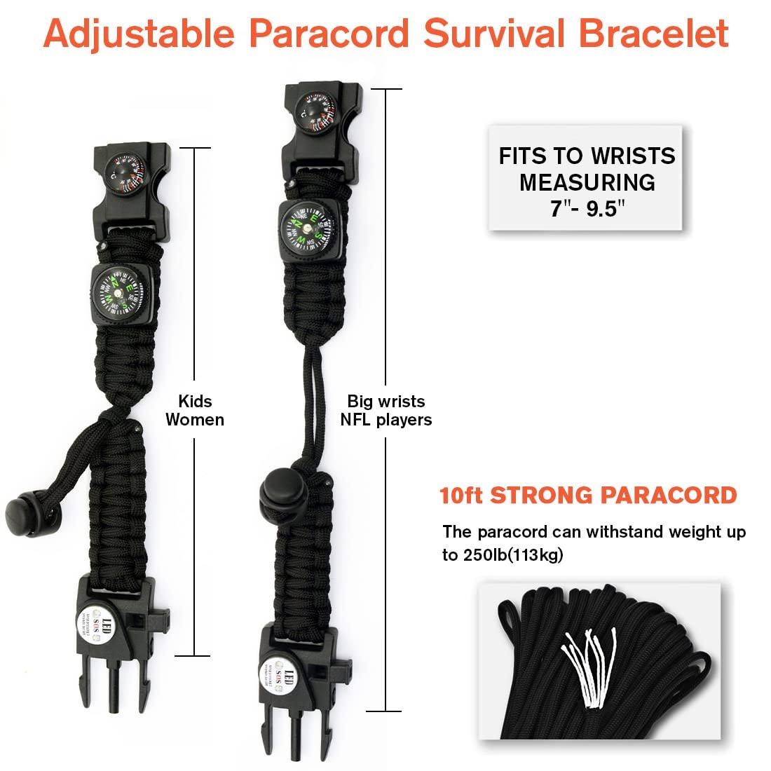 Survival Paracord Bracelet Kit, Fire Starter, Compass, Whistle, LED Light, Black