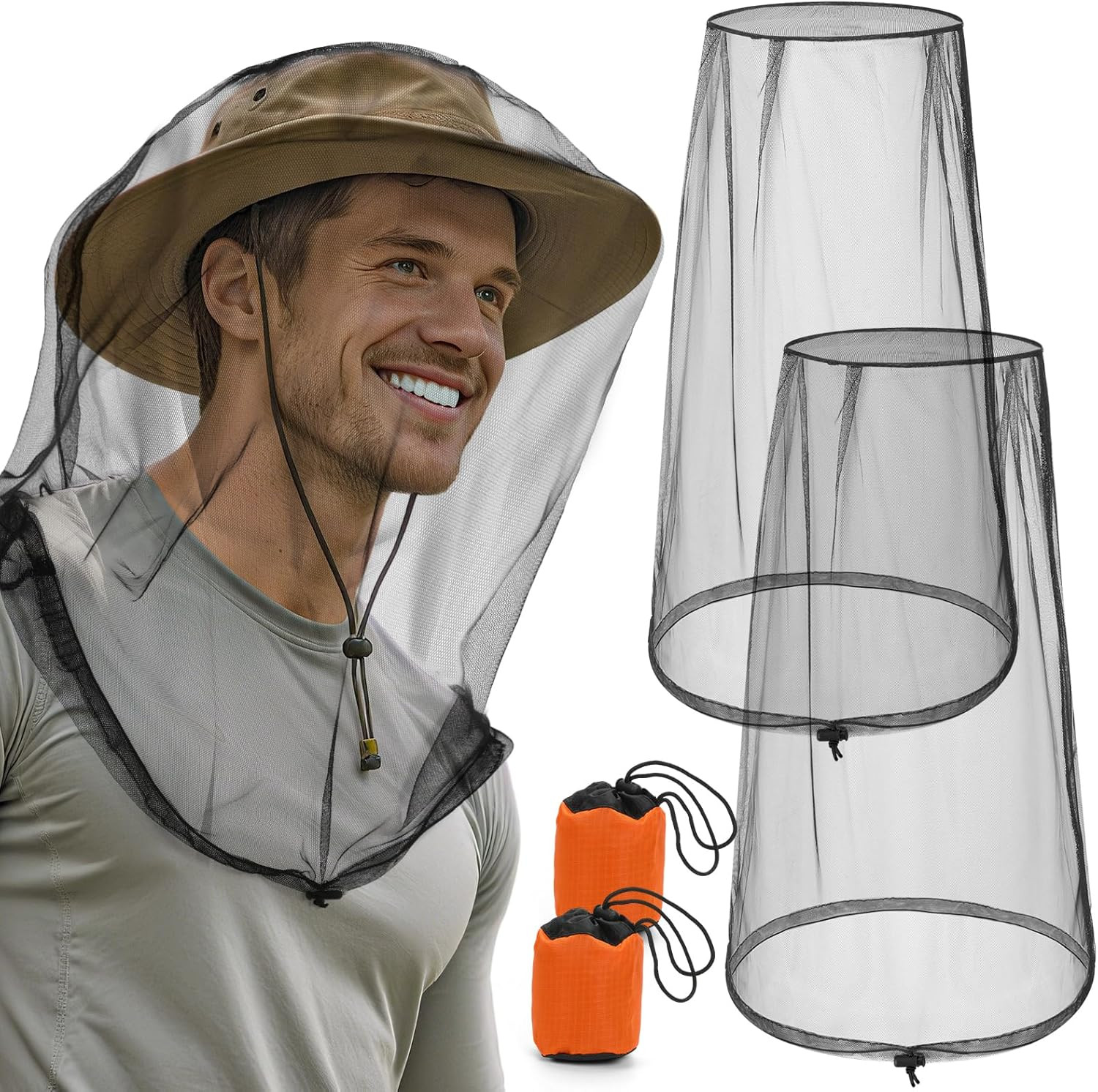 2 Pack Premium Mosquito Head Nets with Drawstring, Breathable Ultra Large Bug Ne