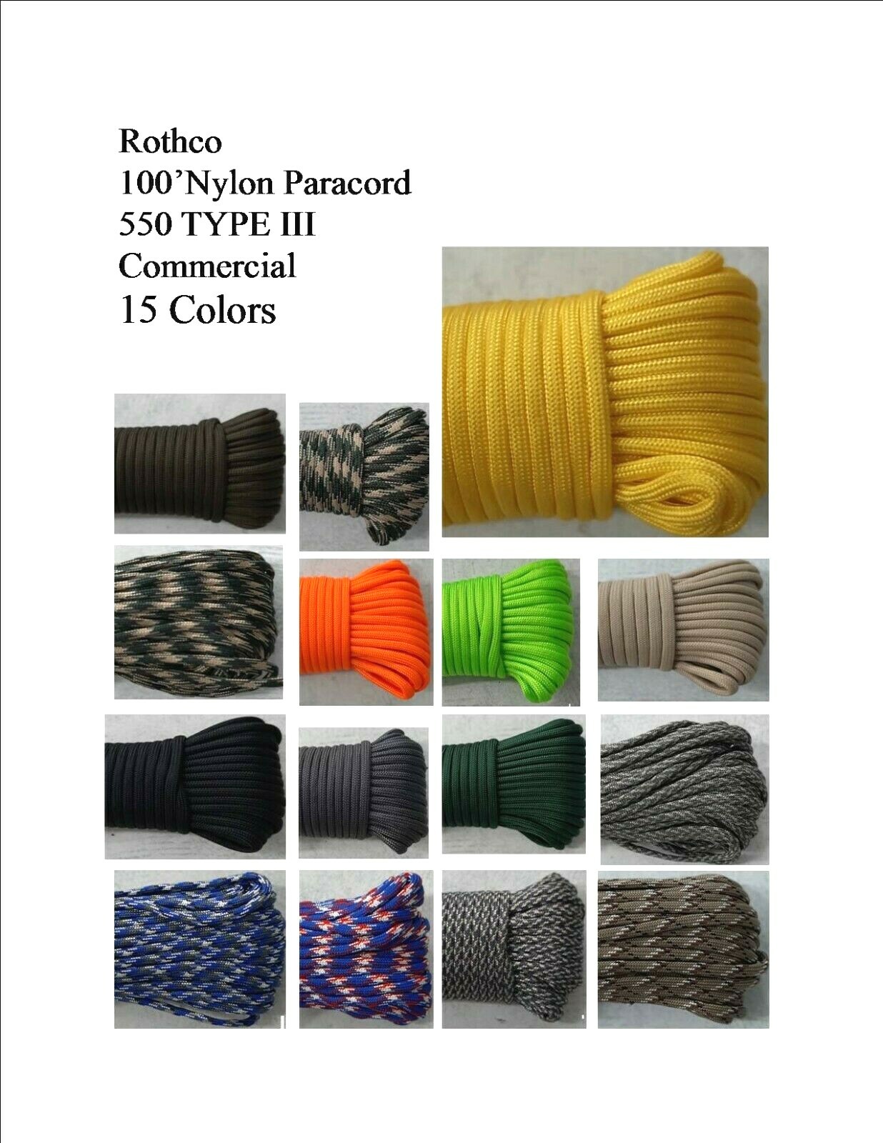 550 Polyester Paracord Type III 7 strand Parachute Cord 100 FT, multiple colors
