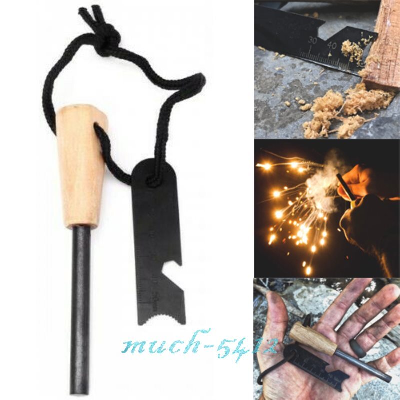 Ferrocerium Rod 2PCS Fire Starter w/ Wood Handle and Steel Scraper Flint Striker