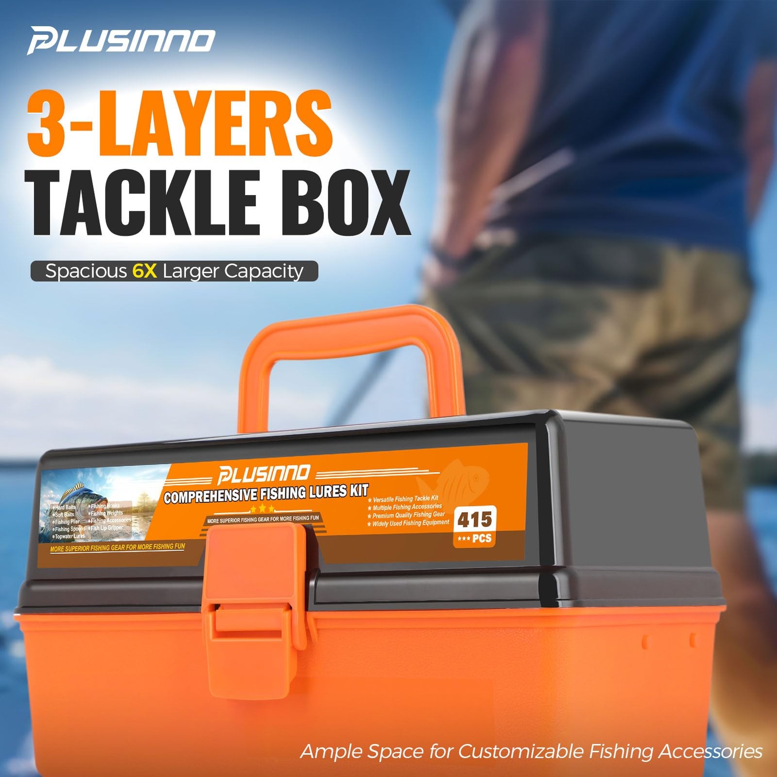 PLUSINNO Large 3 Layers Fishing Tackle 12x7x5.7 inches, 415 Pcs Lures