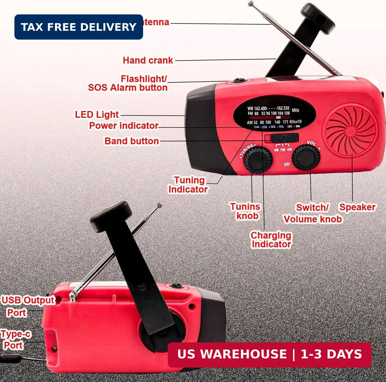 Portable 2000mAh Hand Crank Emergency Solar Panel SOS Weather Radio, Self-Powere
