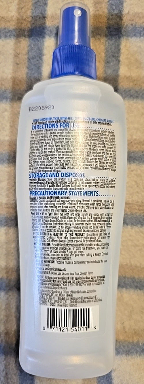 Cutter Skinsations Insect Repellent Pump Spray 7.5oz DEET Aloe Vitamin E Non-Oil