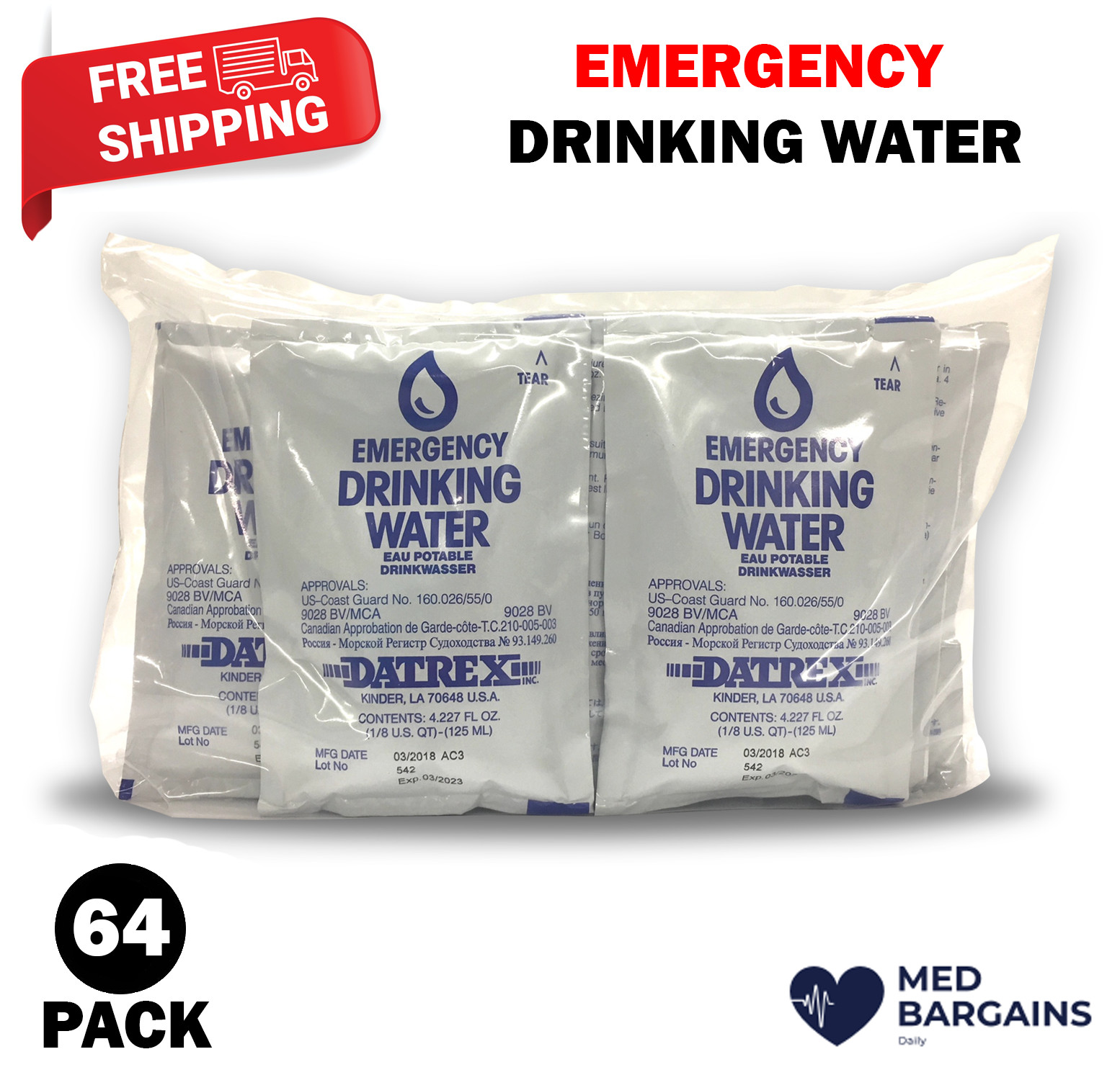 Datrex Emergency Drinking Water 4oz / 125ml – 64 Bags