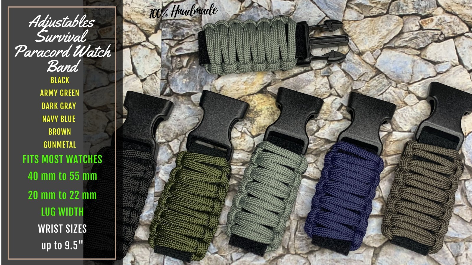 20 22mm Customized Black Blue Green Navy Adjustable Survival Paracord Watch Band