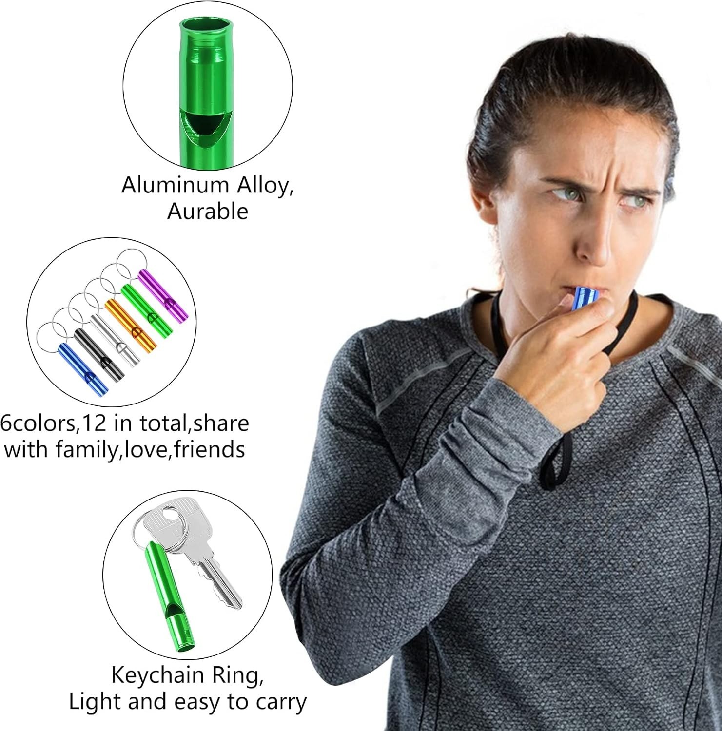 12 Pack Emergency Whistle Keychain, Aluminum Extra Loud Safety Whistles 6 Colors