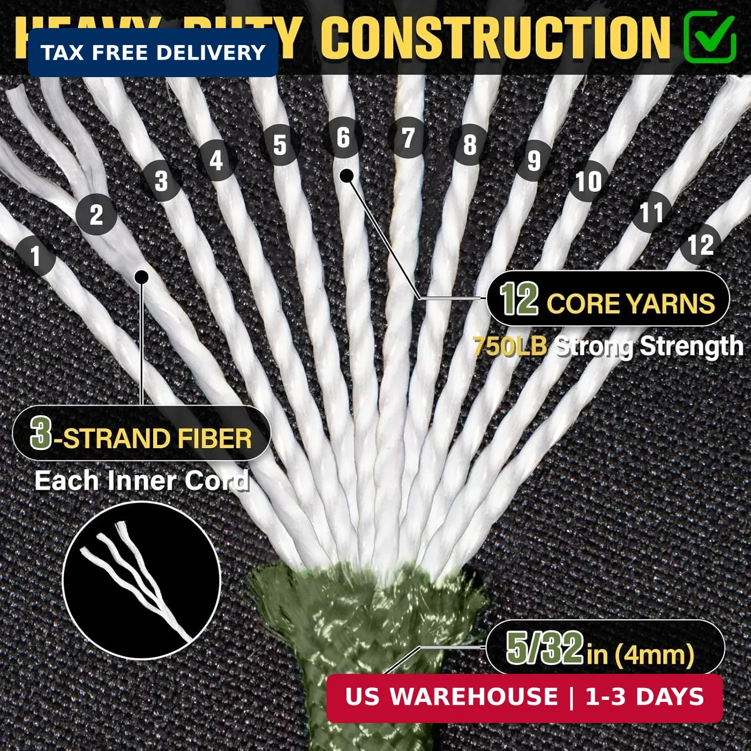 Paracord Rope 750 lb – 1000ft / 500ft / 200ft / 100ft 5/32″ Parachute Cord 4MM 1