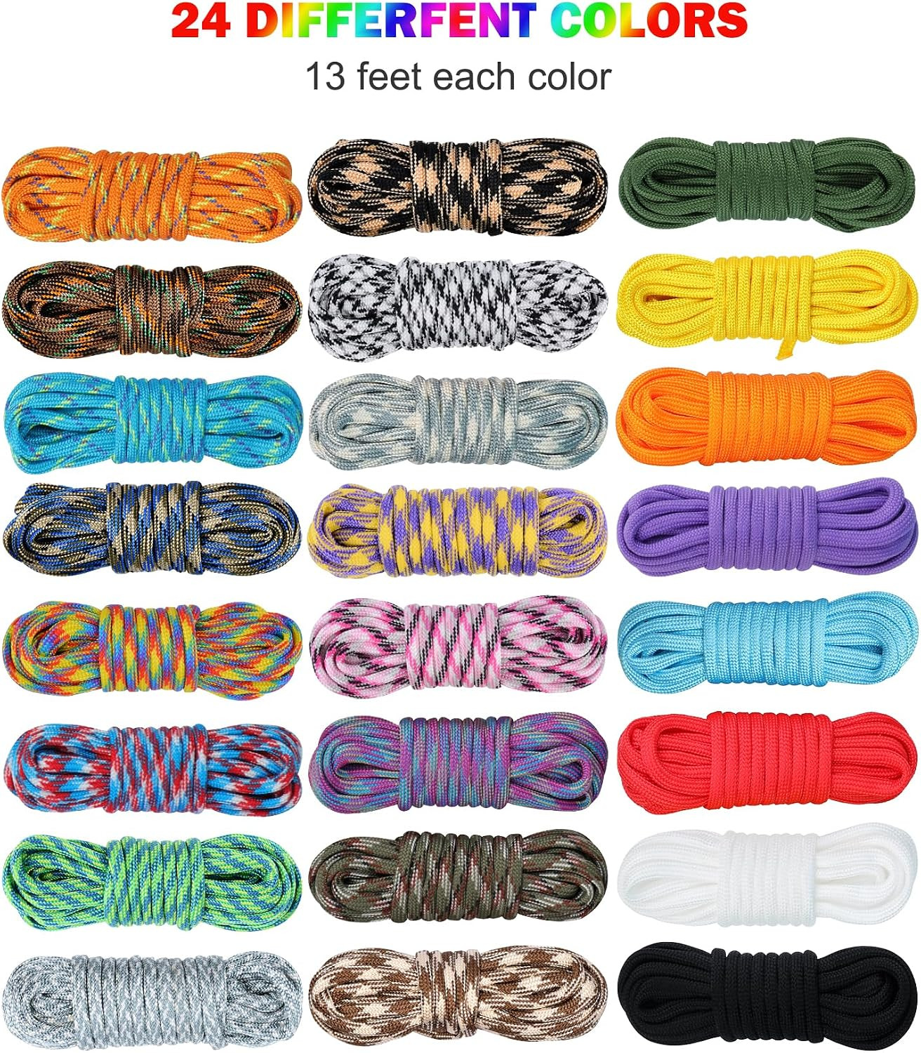 24 Colors Paracord Rope 10 Feet per Color, Multifunction Paracord Kit