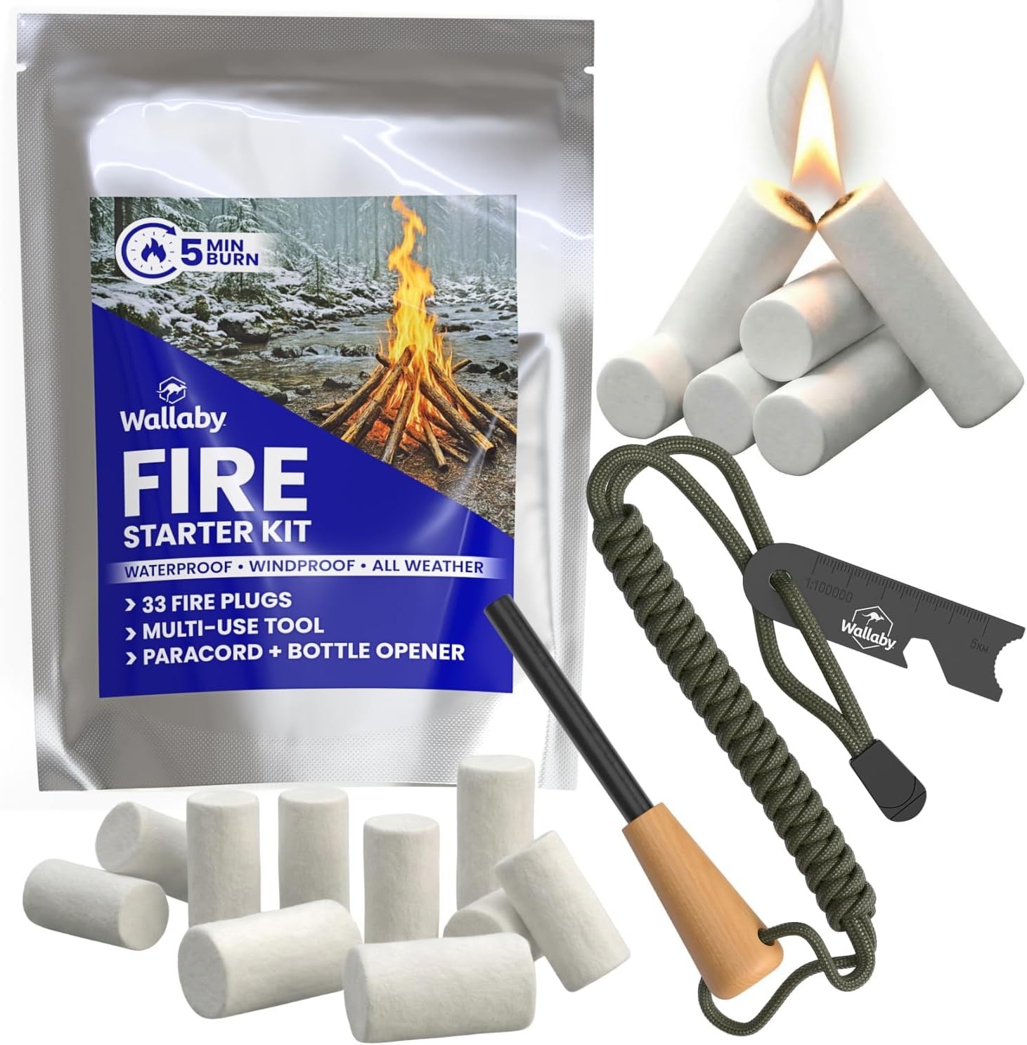 Wallaby Fire Starter Kit – 33 Waterproof Plugs in Metal Tin + Flint Rod Striker
