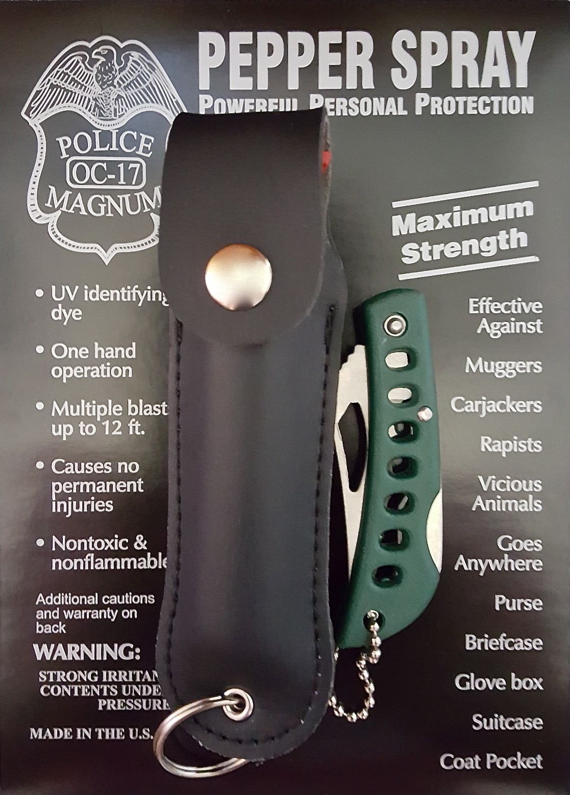 Police Magnum pepper spray .75oz black keychain holster pocket knife protection