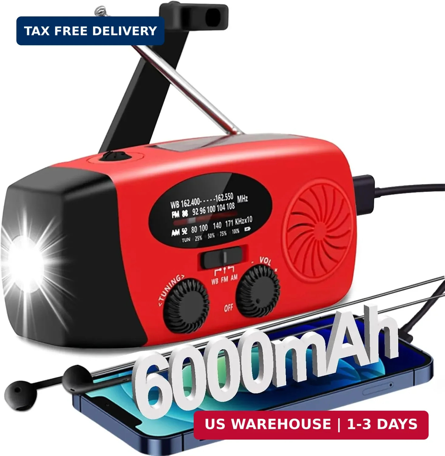 6000mAh/22200mWh Emergency Weather Radio, AM/FM/NOAA Hand Crank Solar Powered Ra