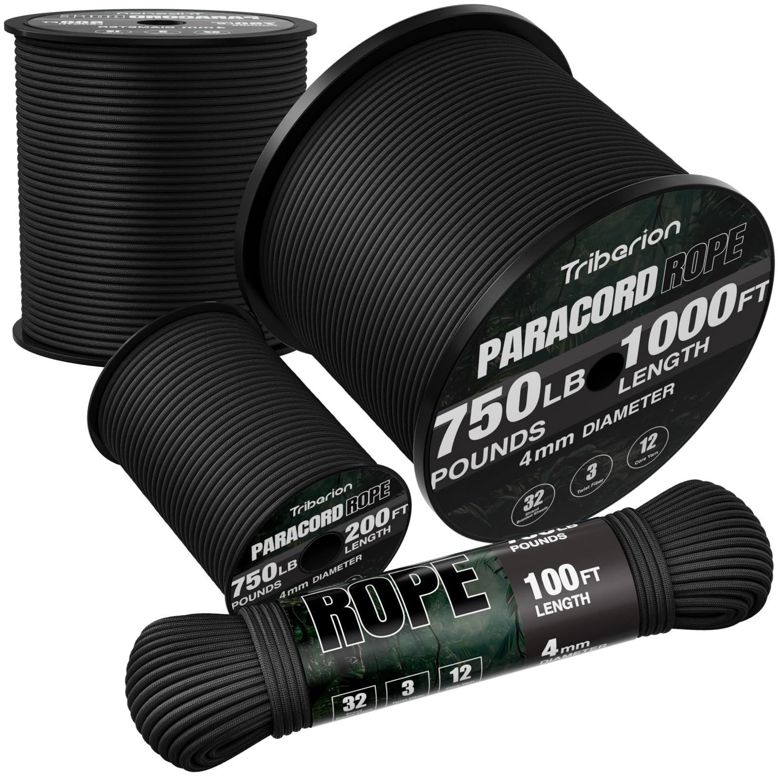 TRIBERION Paracord Rope 750 lb – 1000ft / 500ft / 200ft / 100ft 100ft, Black