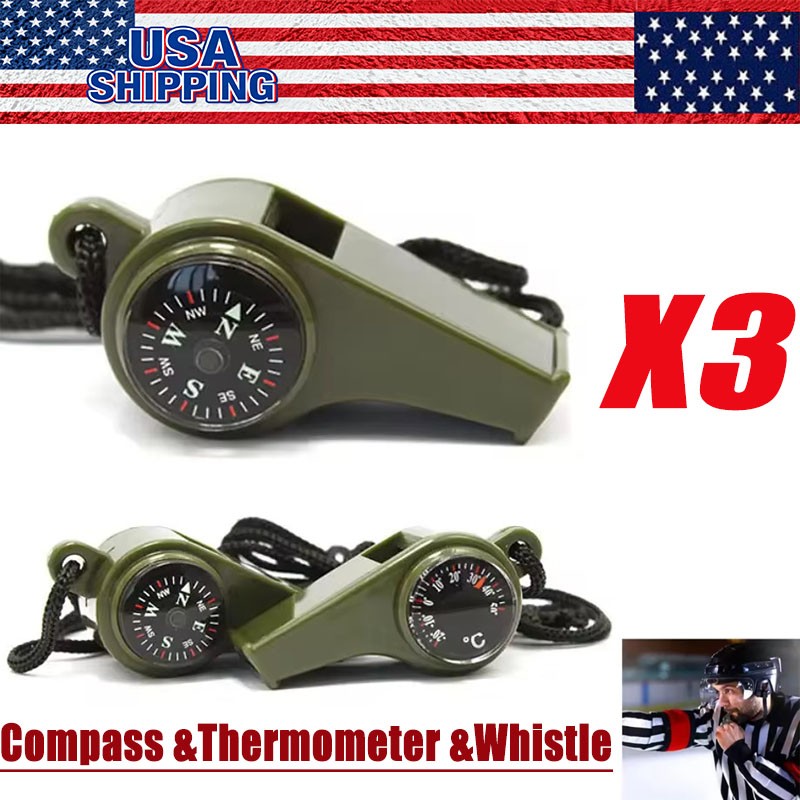 3X Very Loud Keychain Whistle With Compass for Outdoor Sports, Hiking, Camping