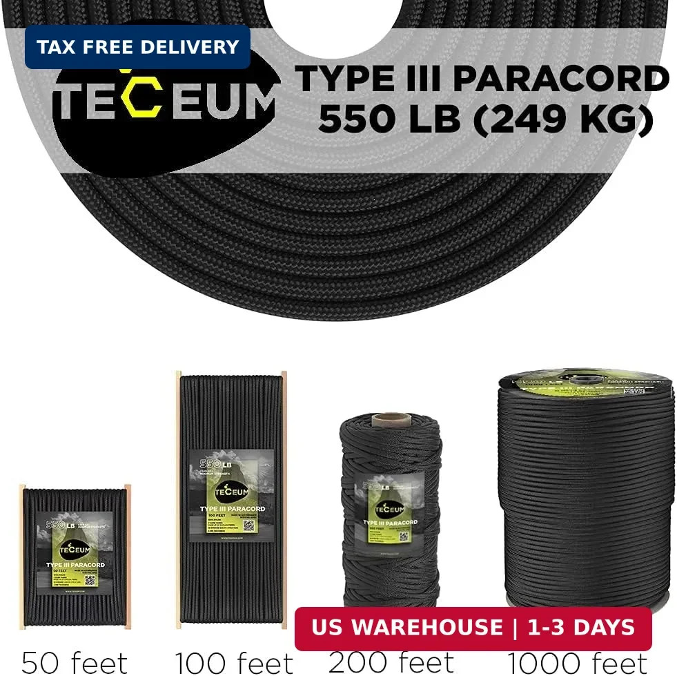 TECEUM 5/32″ Paracord Rope 1000 – 1000ft / 200ft / 100ft / 50ft – Tactical Parac
