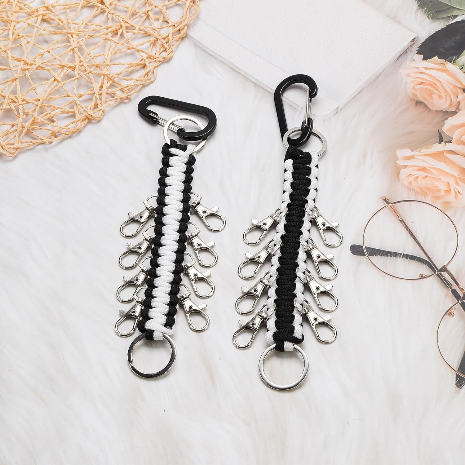2-Pack Paracord Cheer Bow Holders and Keychains for Teen Girls (Black/White)