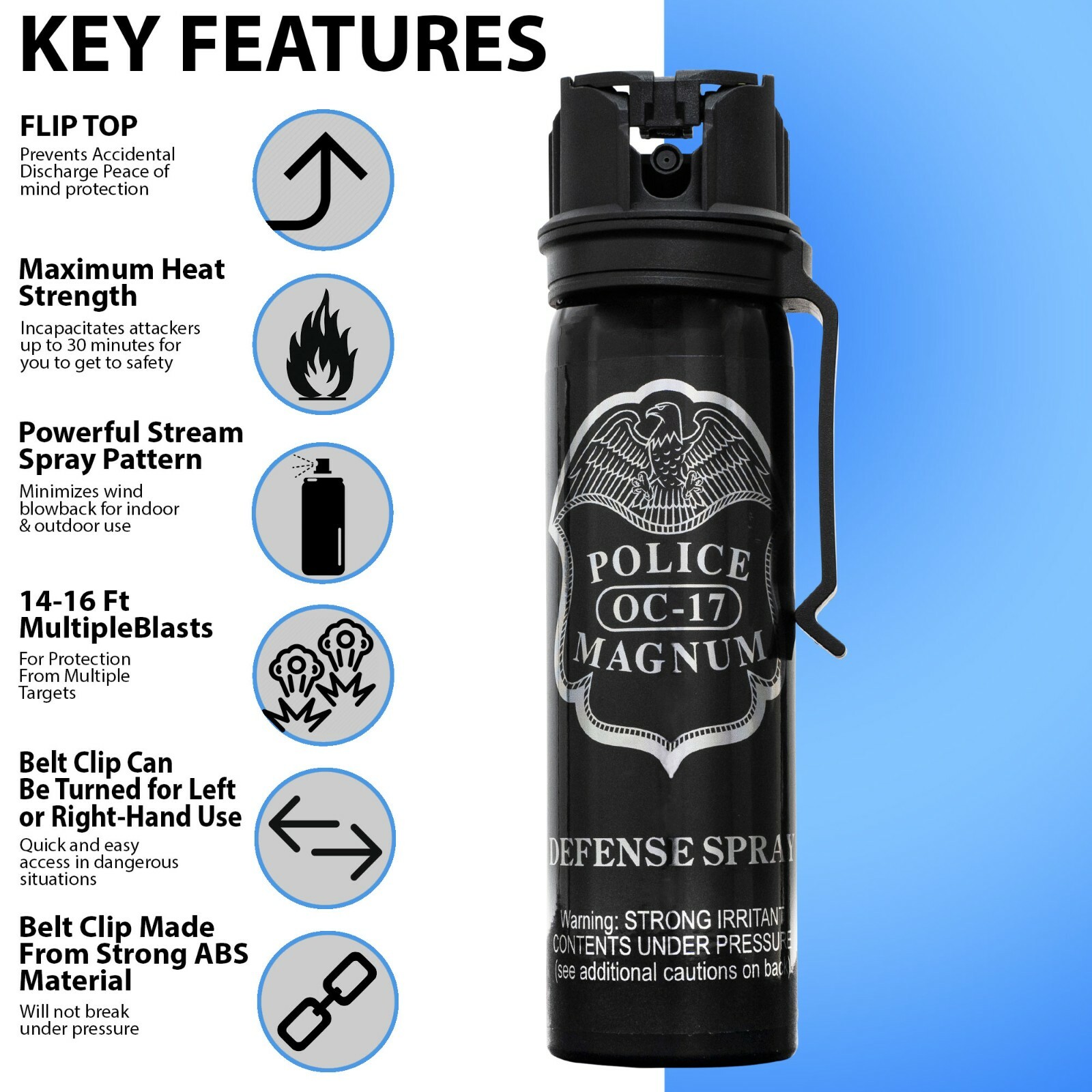 5 POLICE MAGNUM Pepper Spray 4 Ounce Flip Top Belt Clip Stream Defense Security