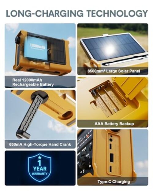 Hand Crank Emergency Radio Solar with 12000mAh Power Bank, Yellow + Black