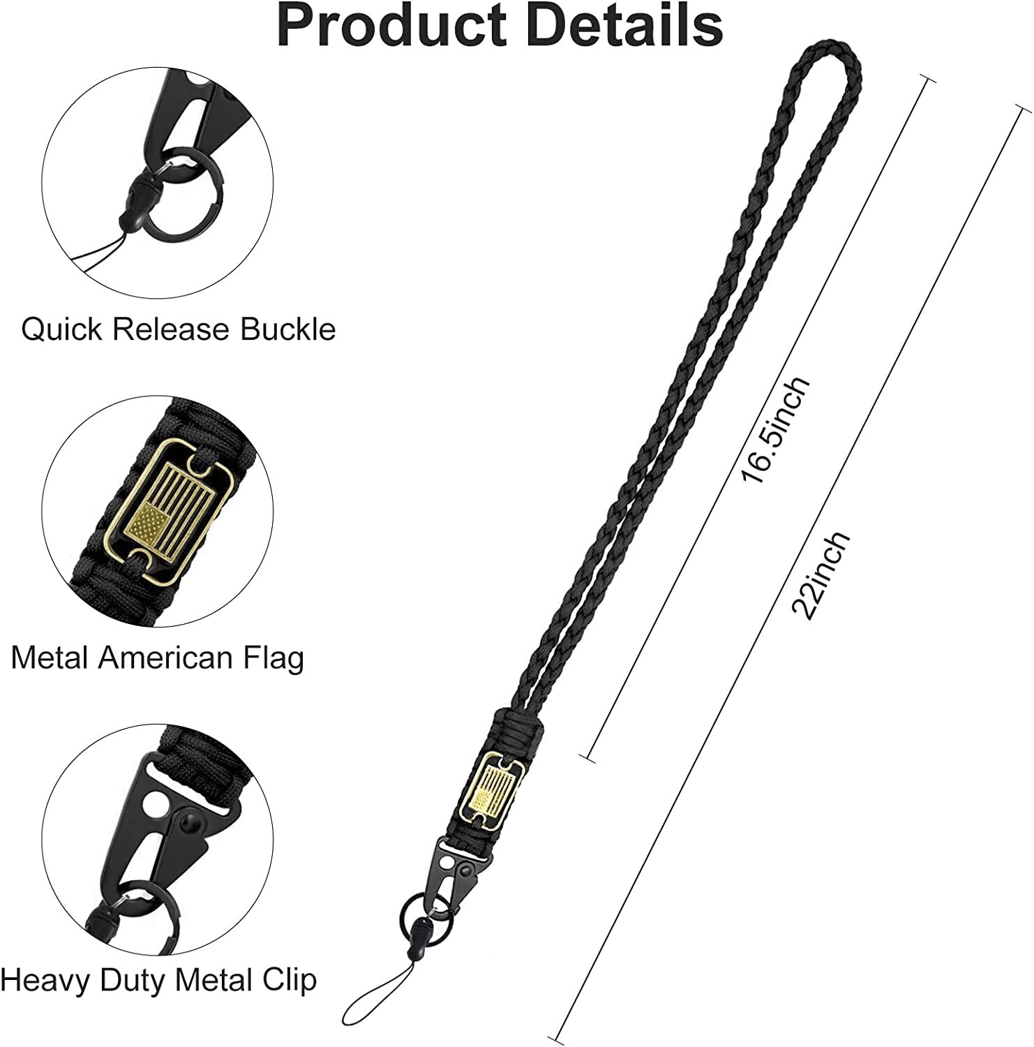 Paracord Key Lanyard Men Black Neck Lanyard Keys with Cool USA Flag
