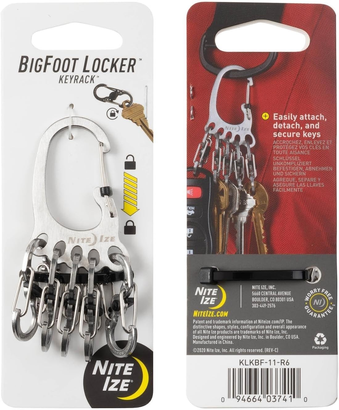 Nite Ize BigFoot Locker KeyRack Carabiner w/ 5 Locking S-Biner Clips Silver