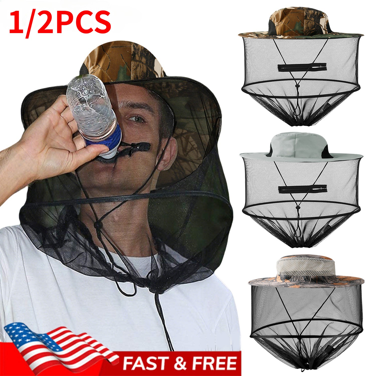 1/2PCS Anti-Mosquito Bug Bee Insect Head Net Hat Cap Sun Protection for Outdoor