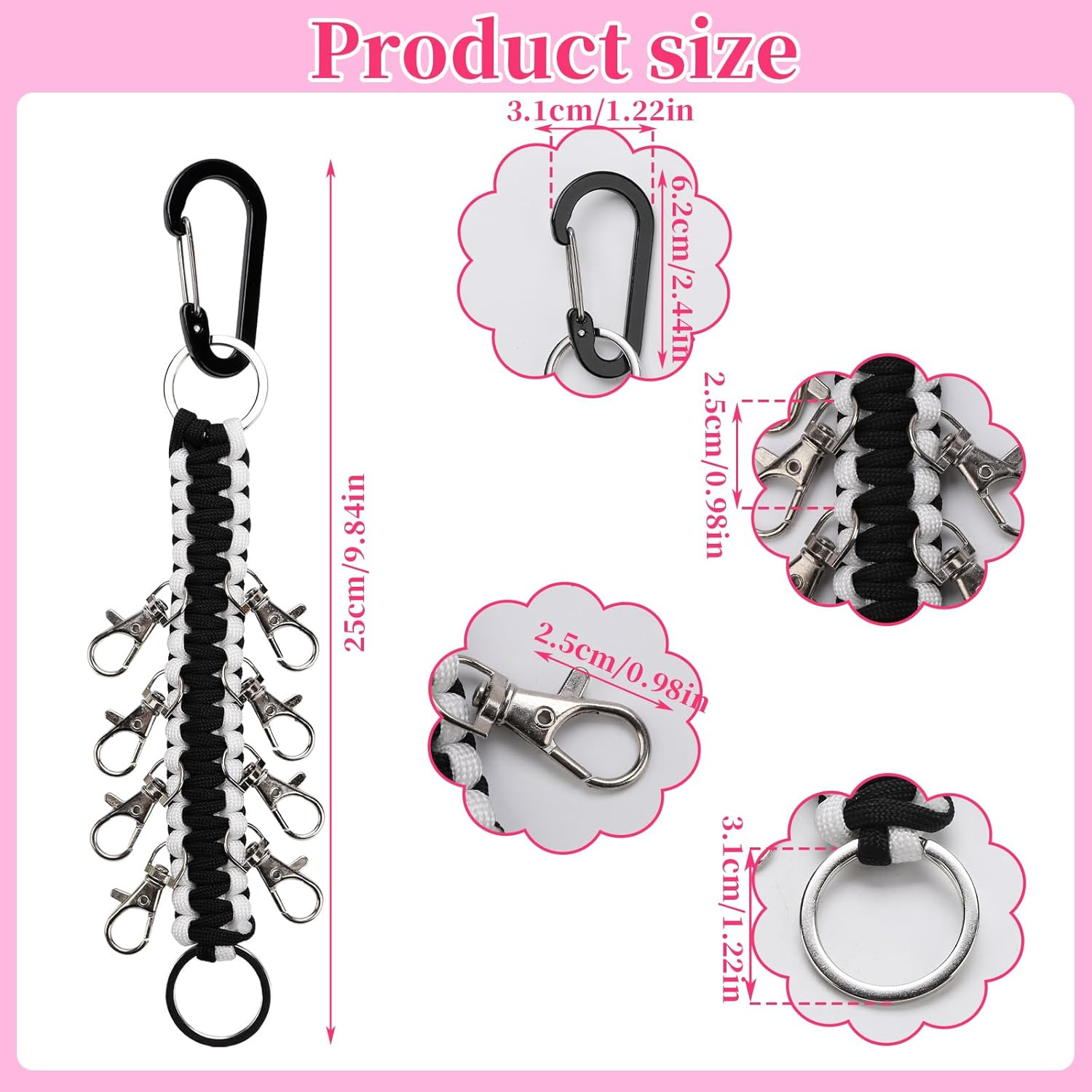 2-Pack Paracord Cheer Bow Holders and Keychains for Teen Girls (Black/White)
