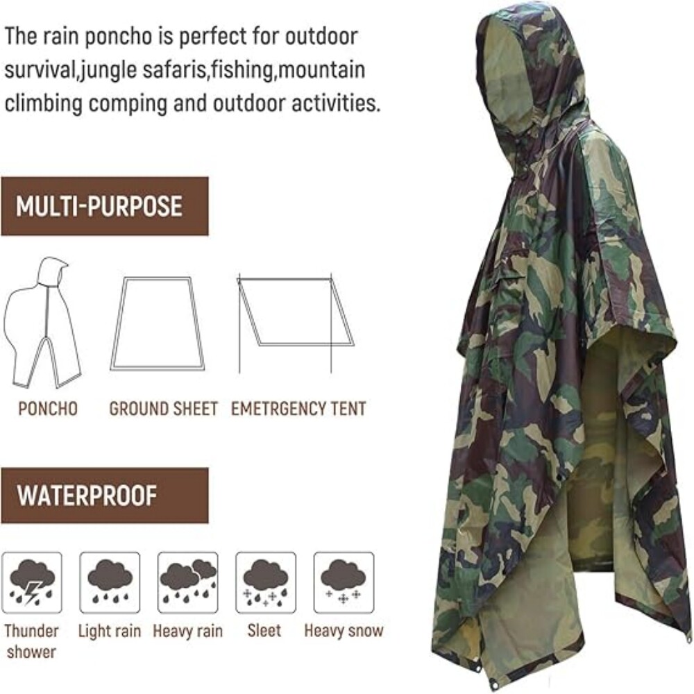 Waterproof Hooded Ripstop Camo Rain Coat Poncho Military Camping Hiking Hunting