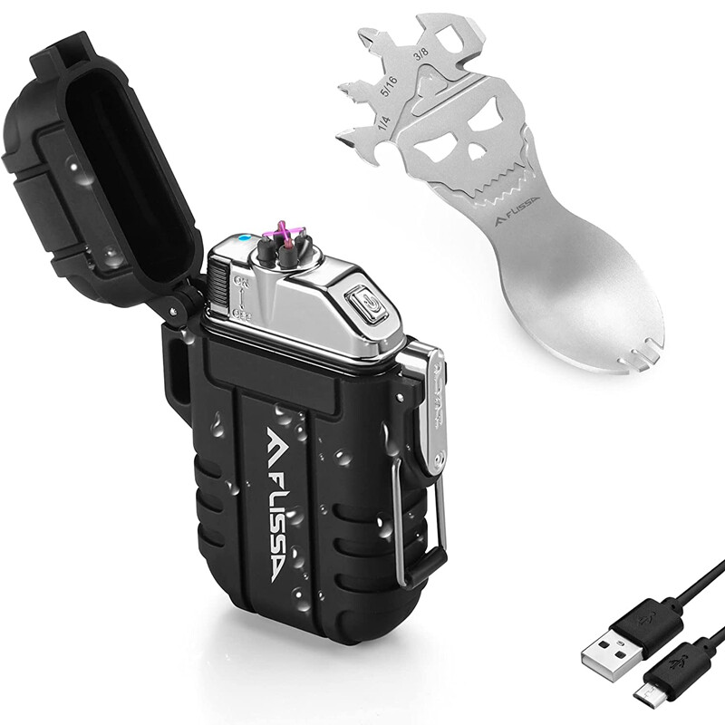 Flissa 2PC Survival Lighter Set Outdoor Windproof Flameless Dual Arc Lighter Set