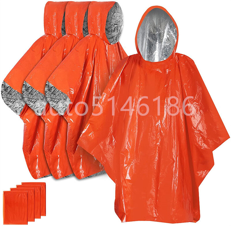 2Pcs Emergency Hooded Poncho Insulated PE Rain Coat Windproof Outdoor Hiking