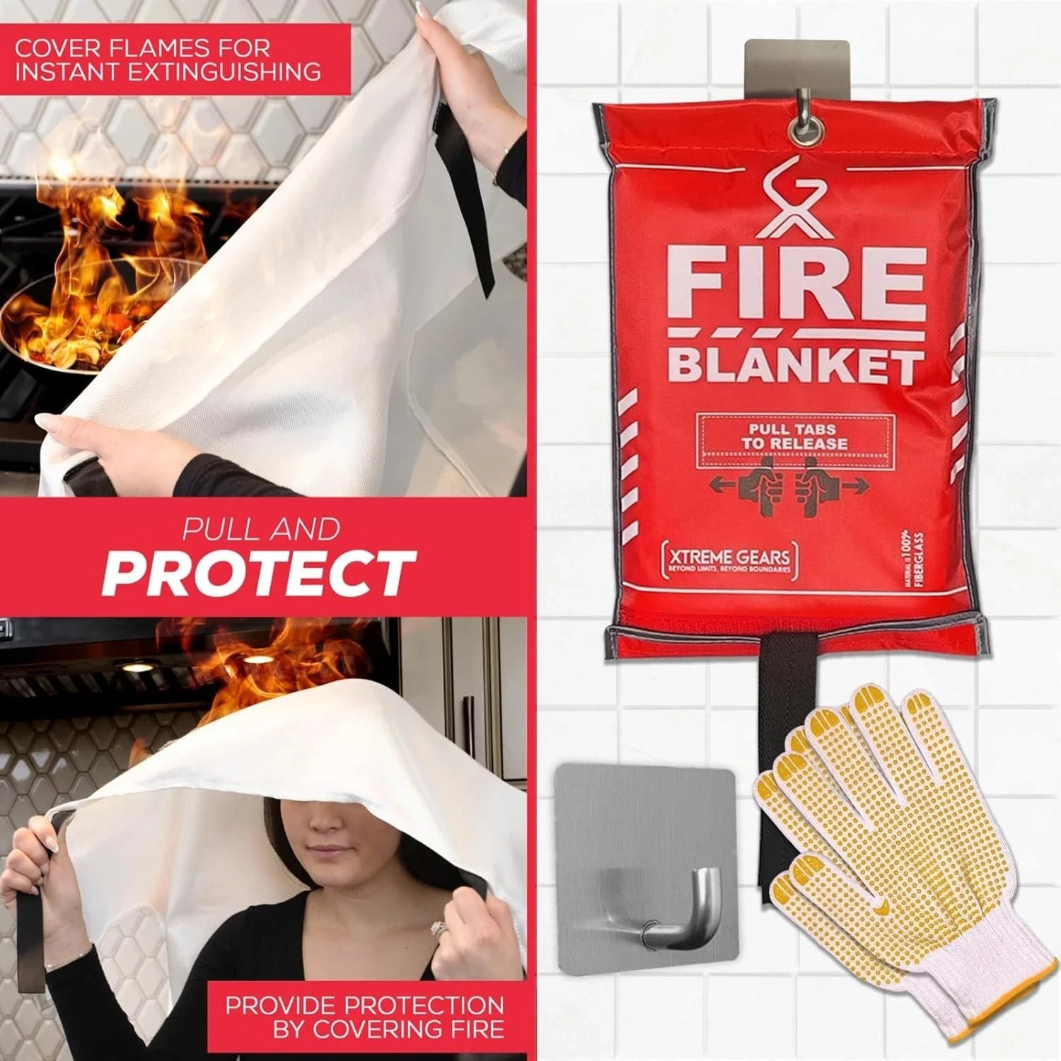 Emergency Fire Blanket 2 Pack 40” x 40”, with Gloves and Hook Single, White