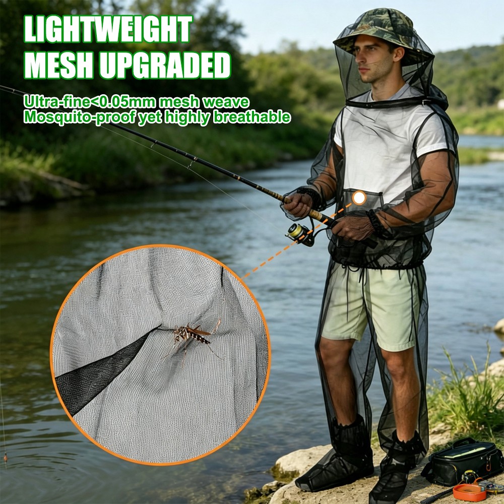 Mosquito Suit Mesh Anti Bug Jacket with Hood Mitts for Hunting Fishing Men Women