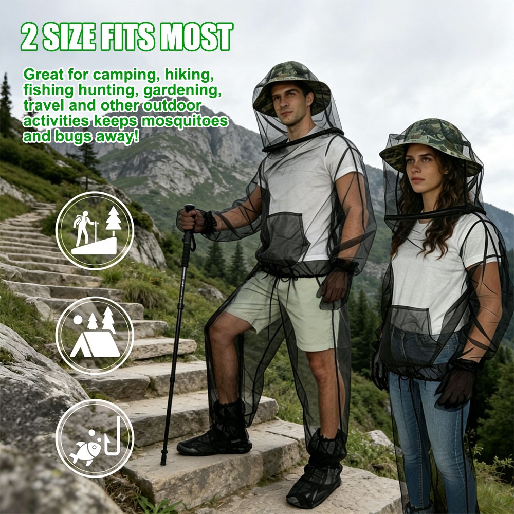 Mosquito Suit Mesh Anti Bug Jacket with Hood Mitts for Hunting Fishing Men Women