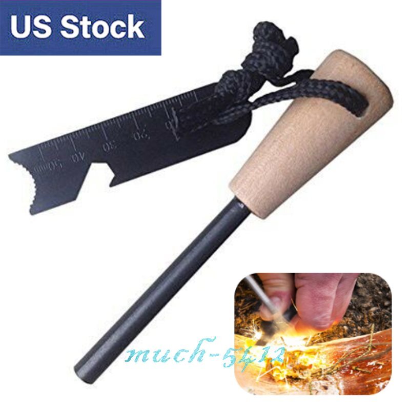 Ferrocerium Rod 2PCS Fire Starter w/ Wood Handle and Steel Scraper Flint Striker
