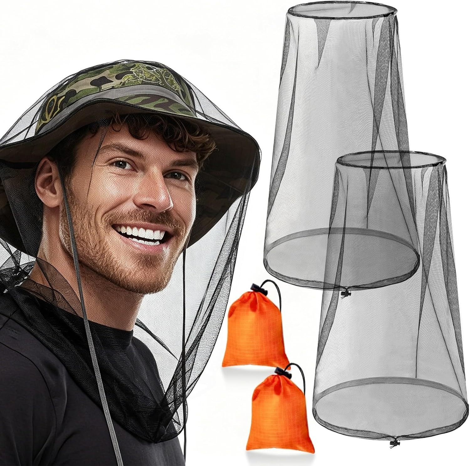 2 Pack Mosquito Head Nets with Drawstring Universal Fit for Hats Bug Net