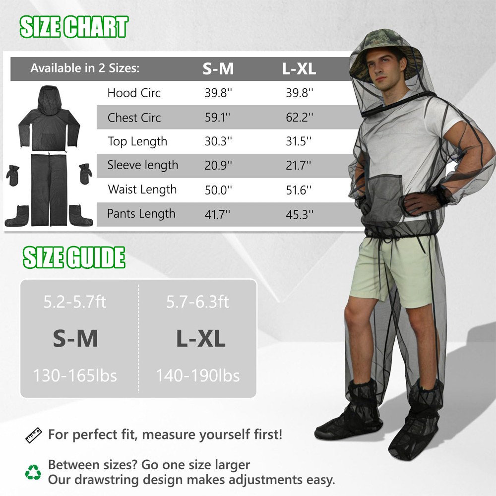 Mosquito Suit Mesh Anti Bug Jacket with Hood Mitts for Hunting Fishing Men Women
