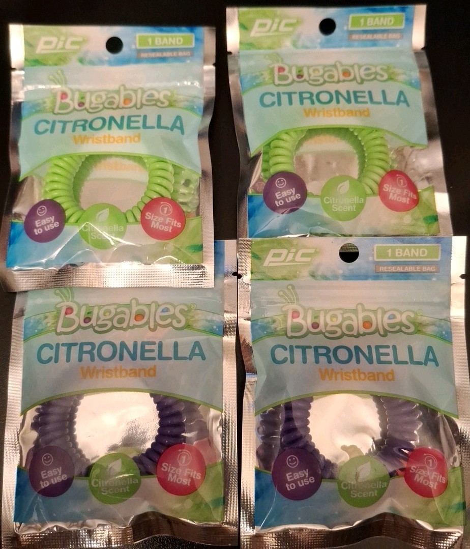 4 Bugables Citronella Wristbands. Fits Most. 2 Purple, 2 Green New.