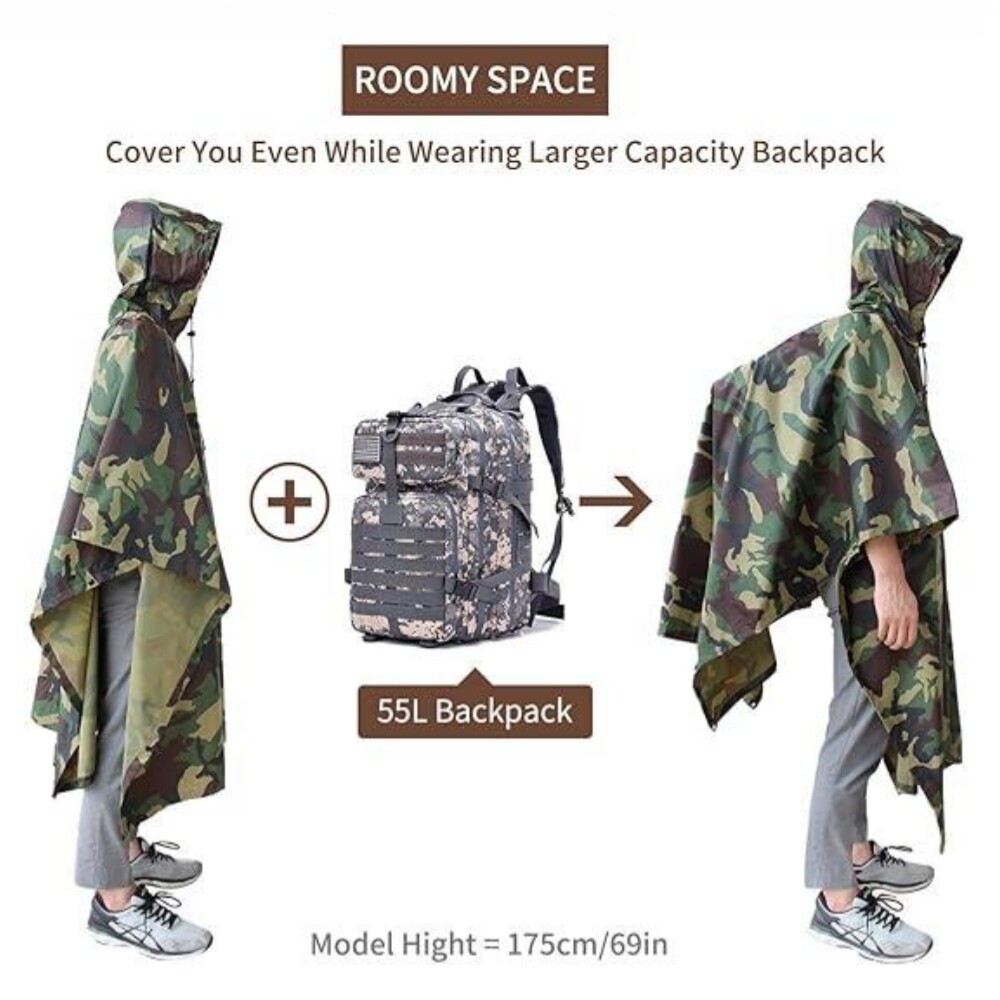 Waterproof Hooded Ripstop Camo Rain Coat Poncho Military Camping Hiking Hunting
