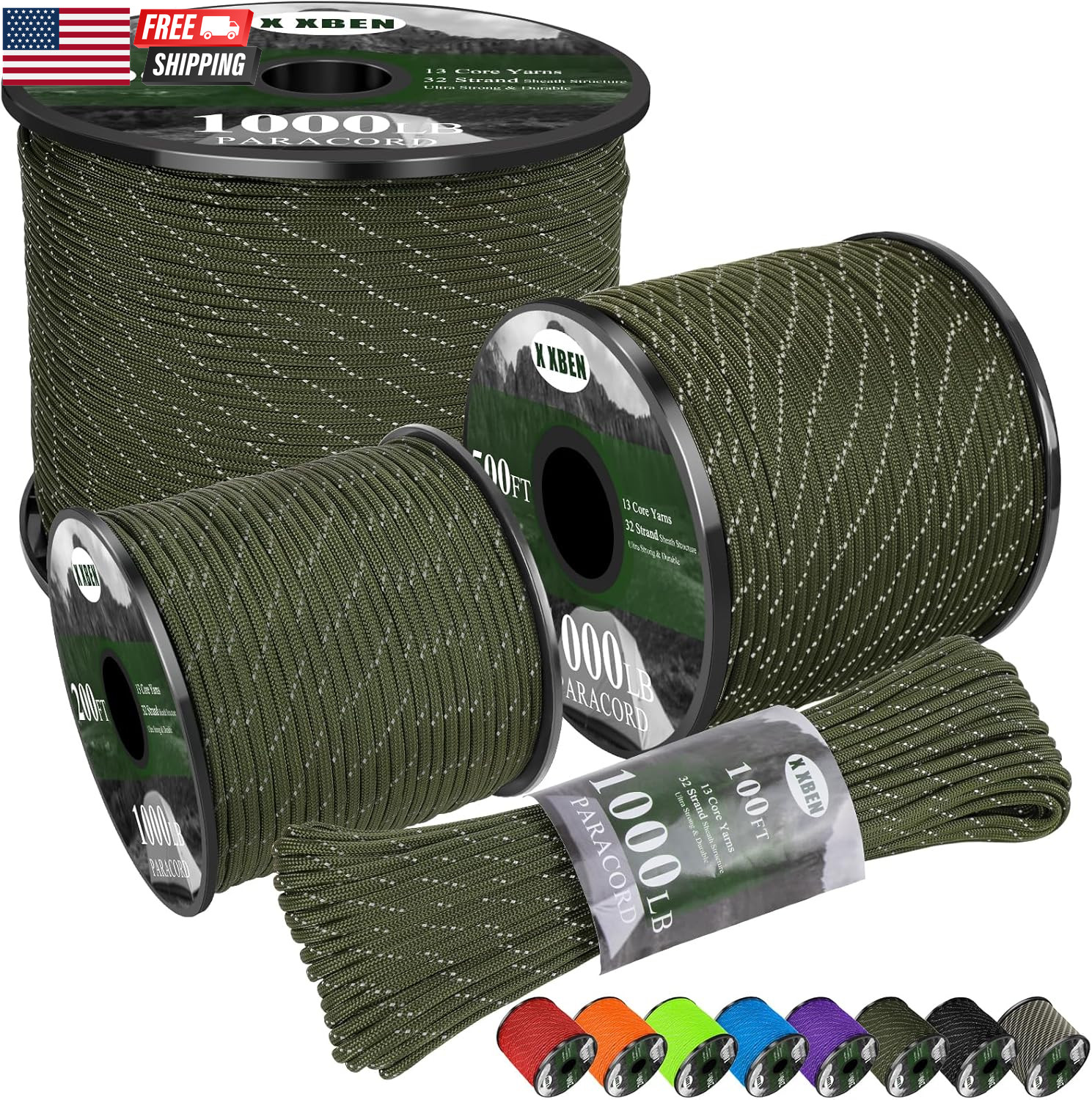Paracord Reflective 1000Lb, 50/100/200/500/1000Ft 4Mm, 13 Strand Paracord Rope,