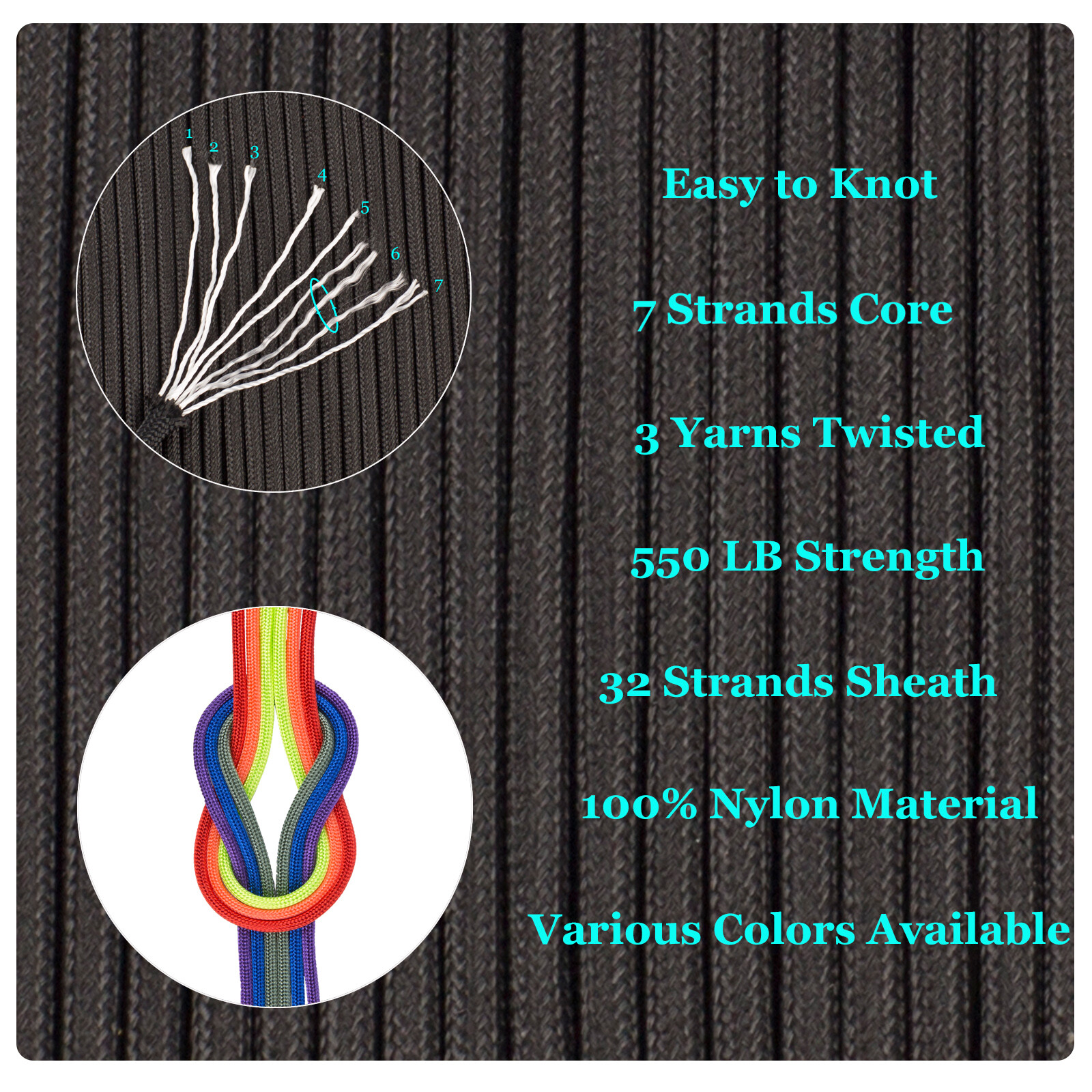 FISHLUND 550 Nylon Paracord Rope 7 Inner Strands 100ft 250ft Type III