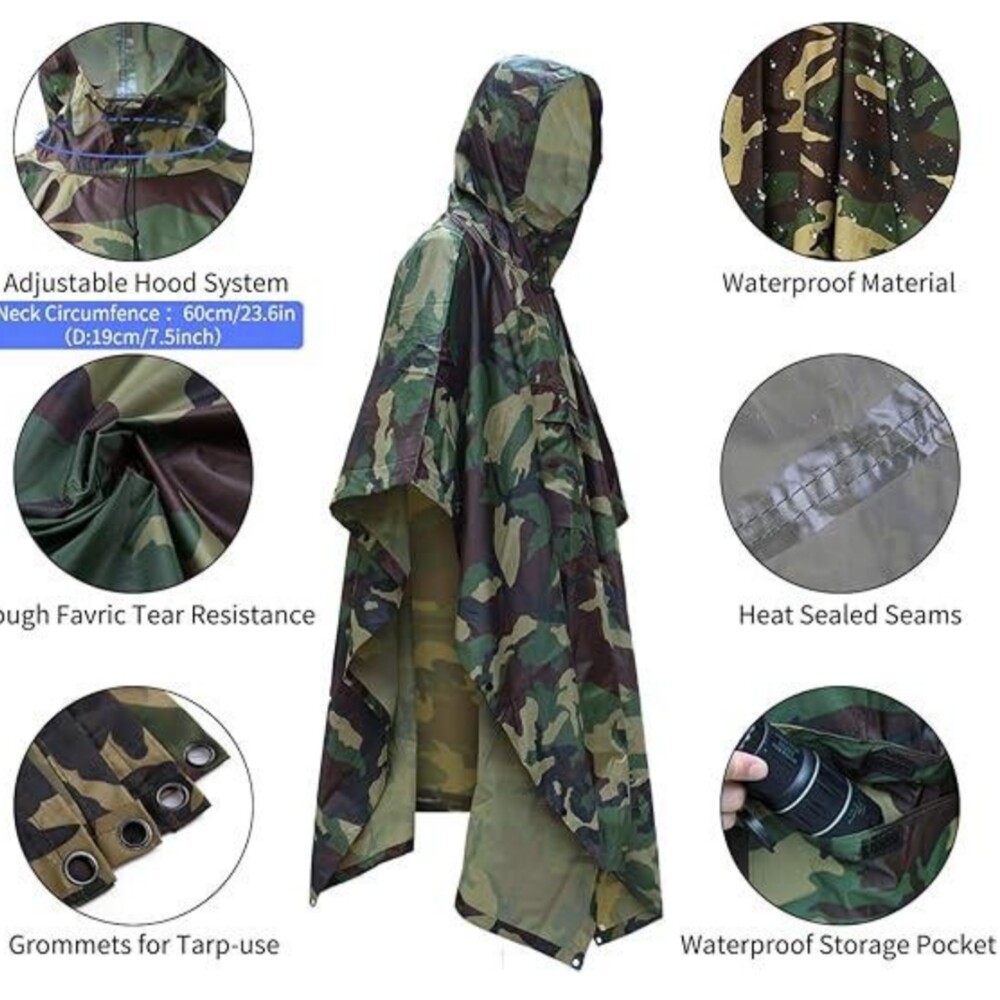 Waterproof Hooded Ripstop Camo Rain Coat Poncho Military Camping Hiking Hunting