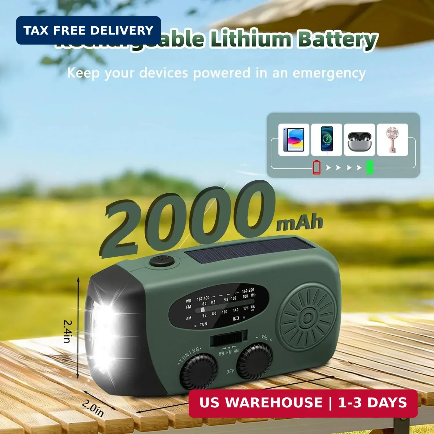 WVL 7400mWh Emergency Weather Radio, Portable Solar Hand Crank Radio AM/FM/NOAA,