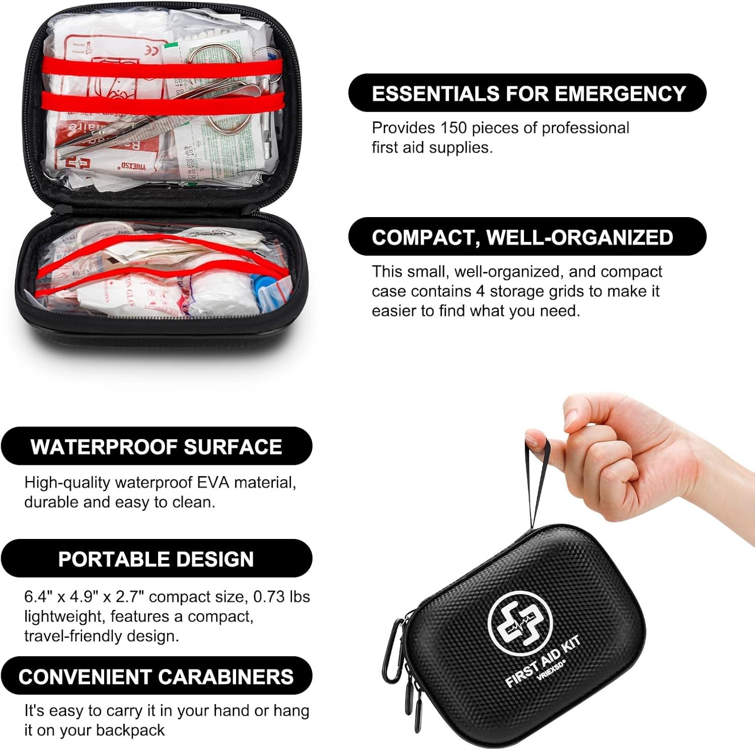 Mini First Aid Kit 150 Piece Small Waterproof Hard Shell Kit (Select Color)