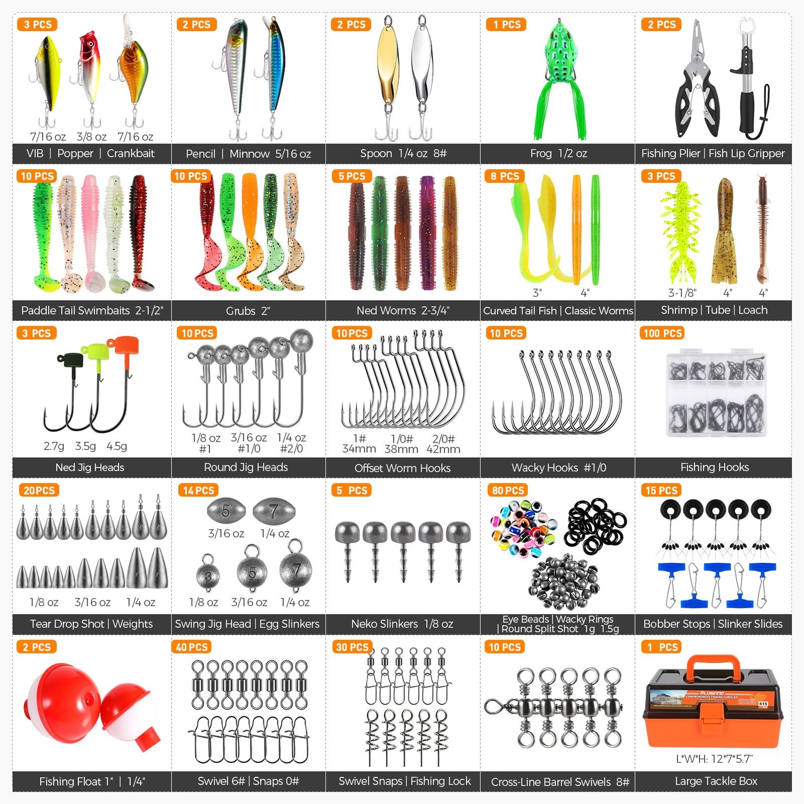 PLUSINNO Large 3 Layers Fishing Tackle 12x7x5.7 inches, 415 Pcs Lures