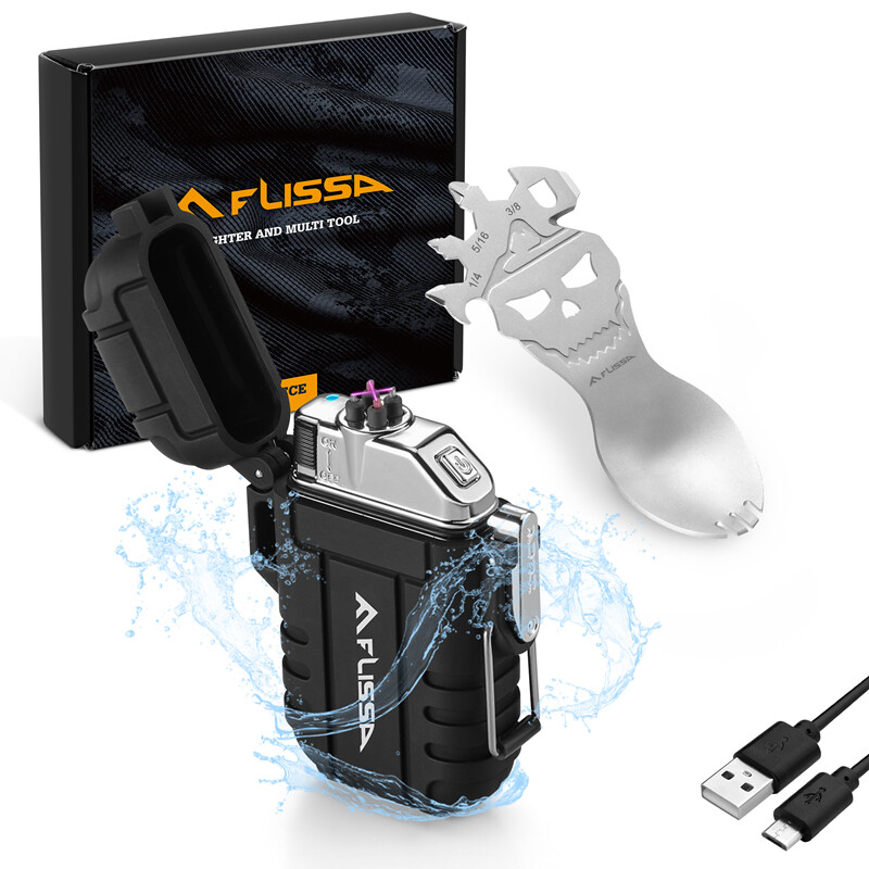 Flissa 2PC Survival Lighter Set Outdoor Windproof Flameless Dual Arc Lighter Set