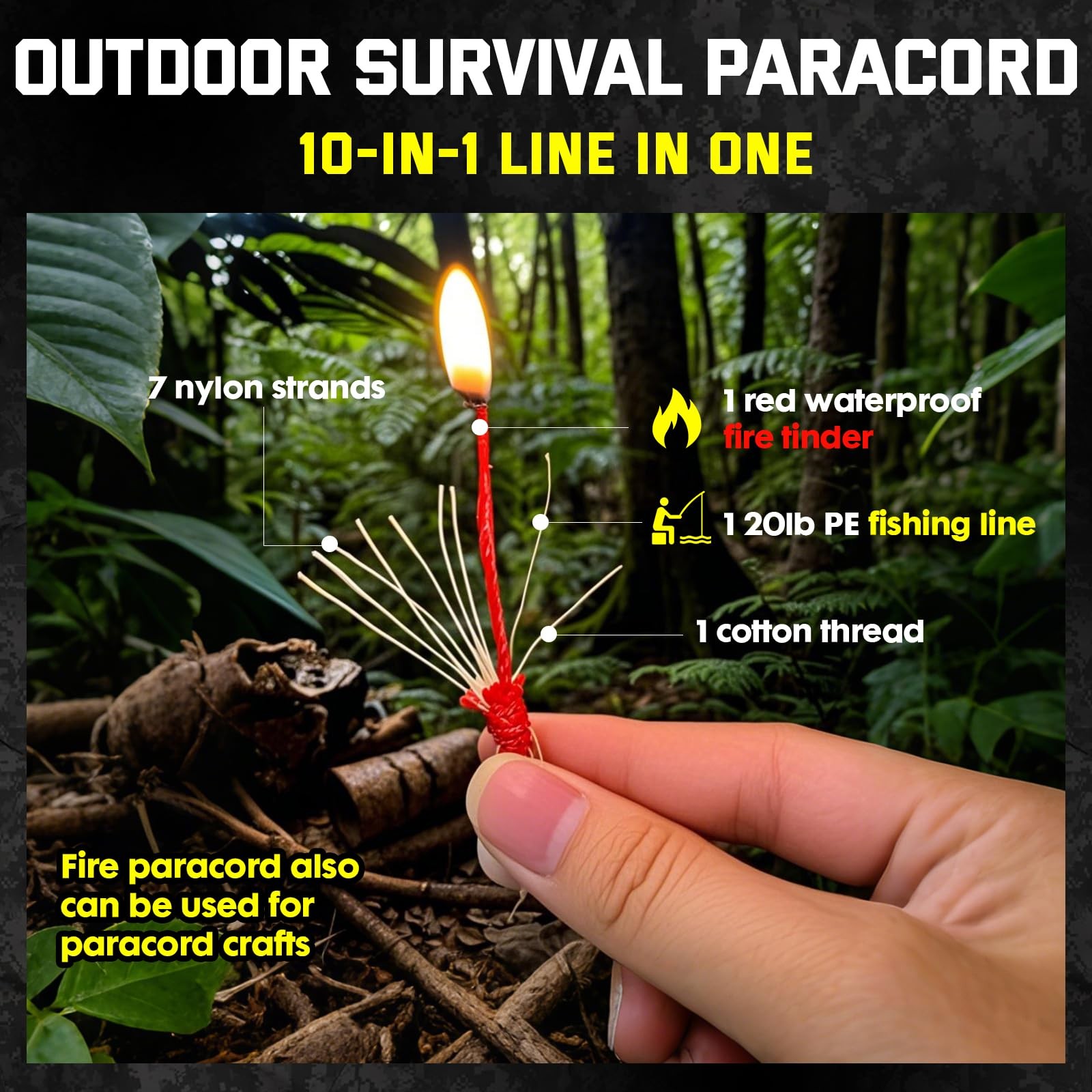 Survival Paracord 550 Fire Survivor Cord Nlyon Rope 10 100FT, Black