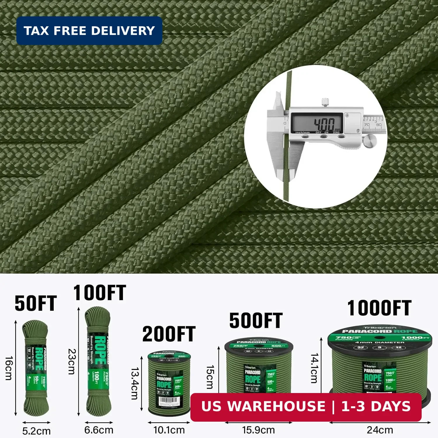 Paracord Rope 750 lb – 1000ft / 500ft / 200ft / 100ft 5/32″ Parachute Cord 4MM 1