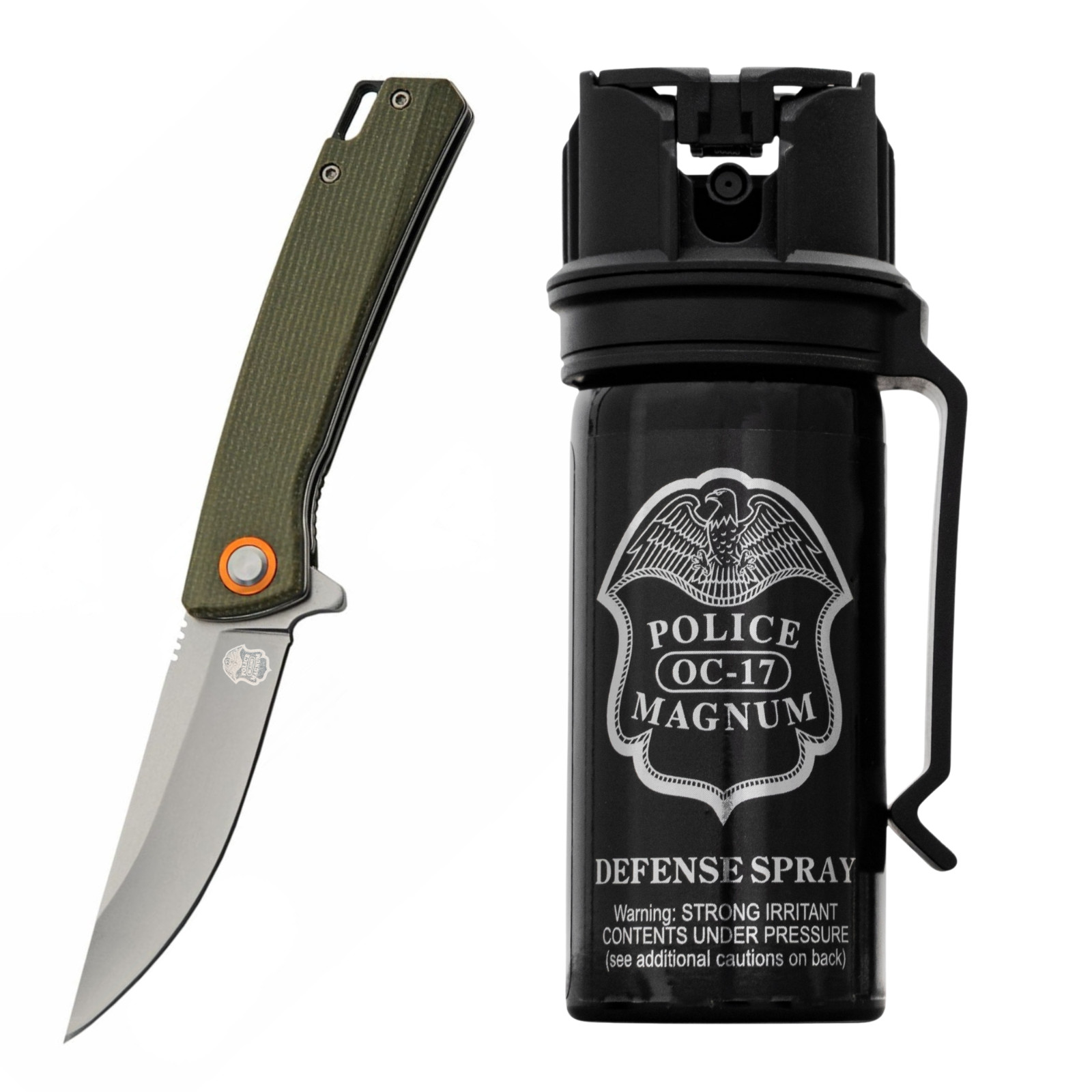 Police Magnum Pepper spray 2oz FT Belt Clip Stream & Army Green D2 Steel knife