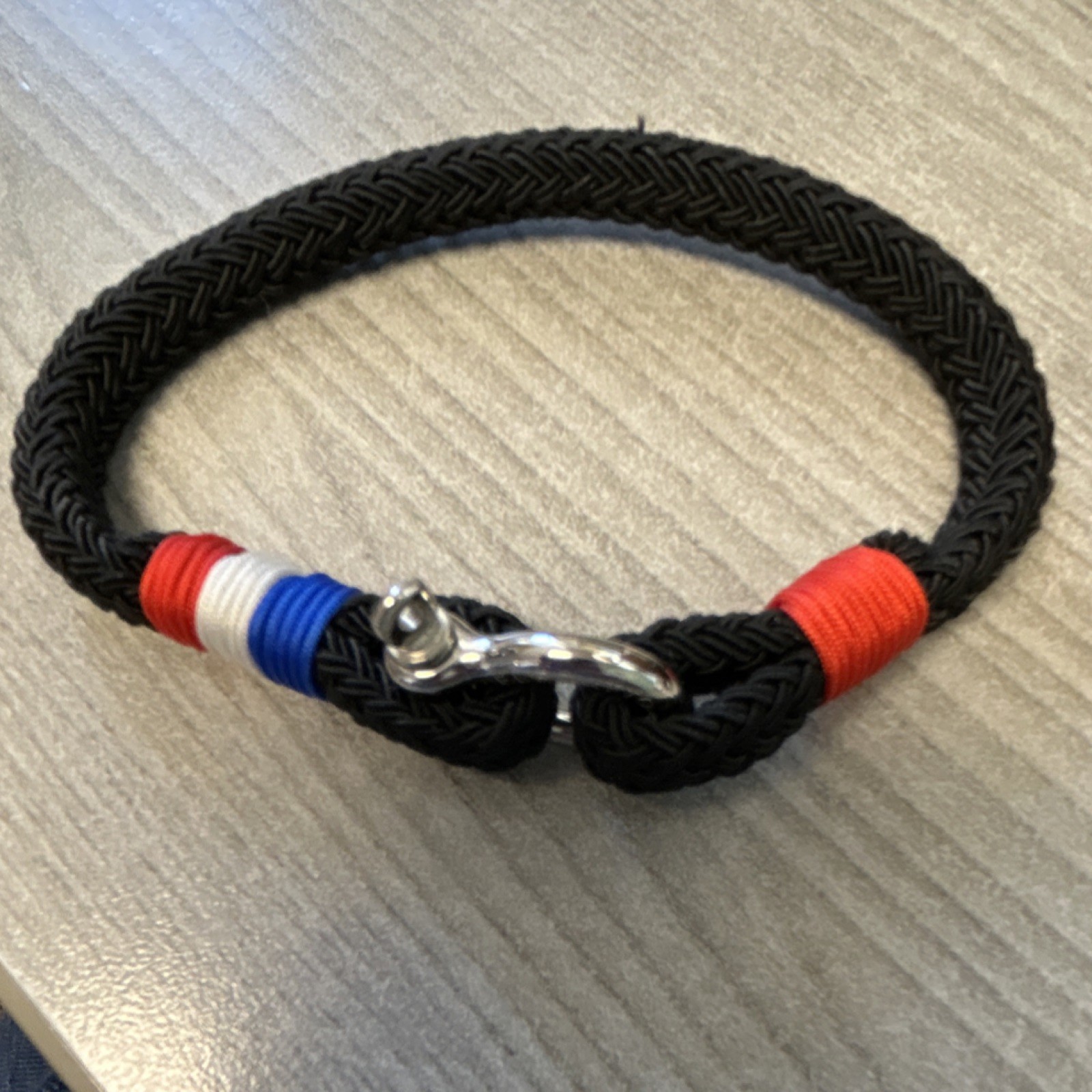 Adjustable Black Nylon Paracord Bracelet Red Blue White Accents